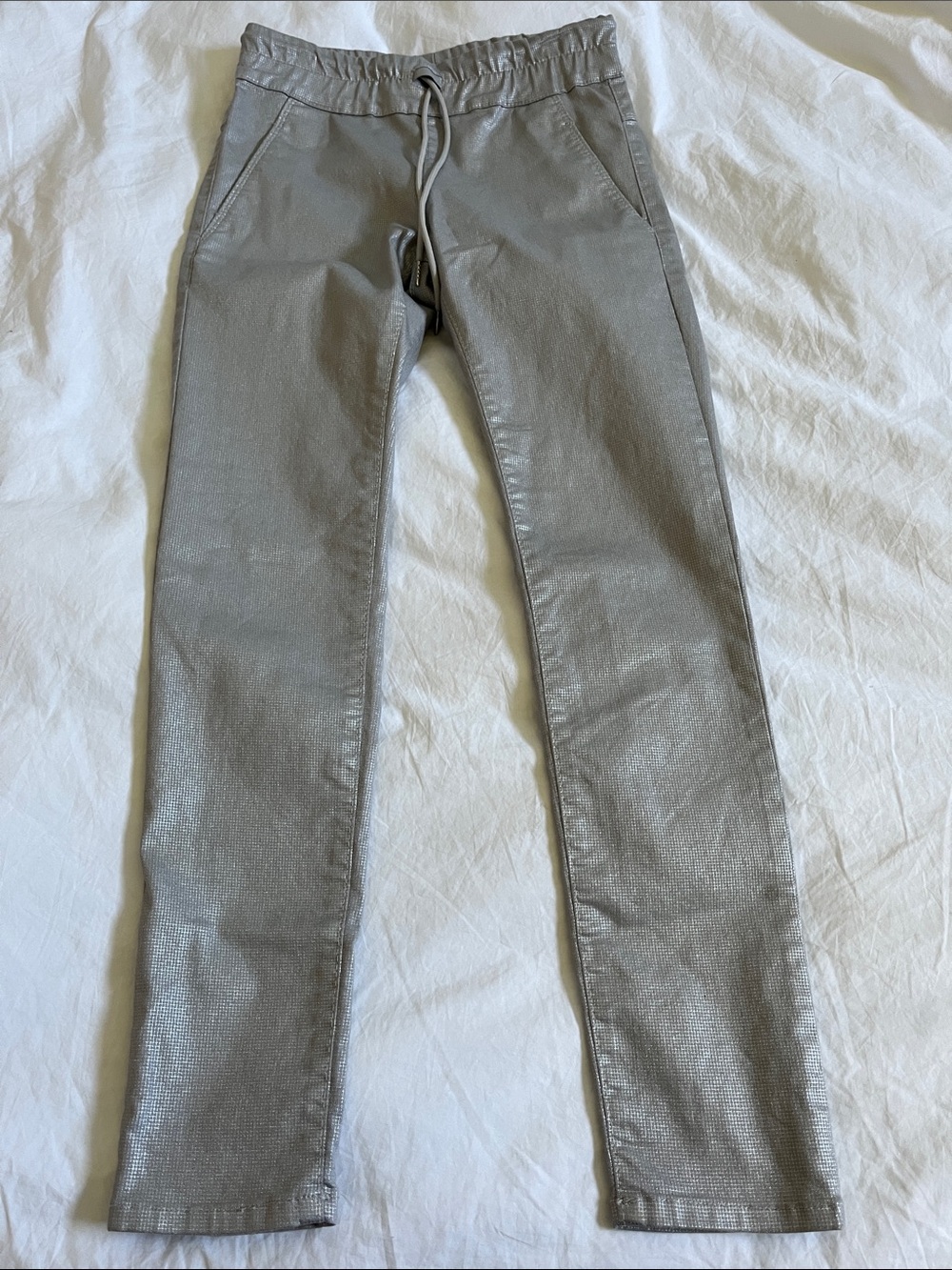 Bevy Flog Shely metallic shiny silver elastic waist pants cotton Lycra size 25
